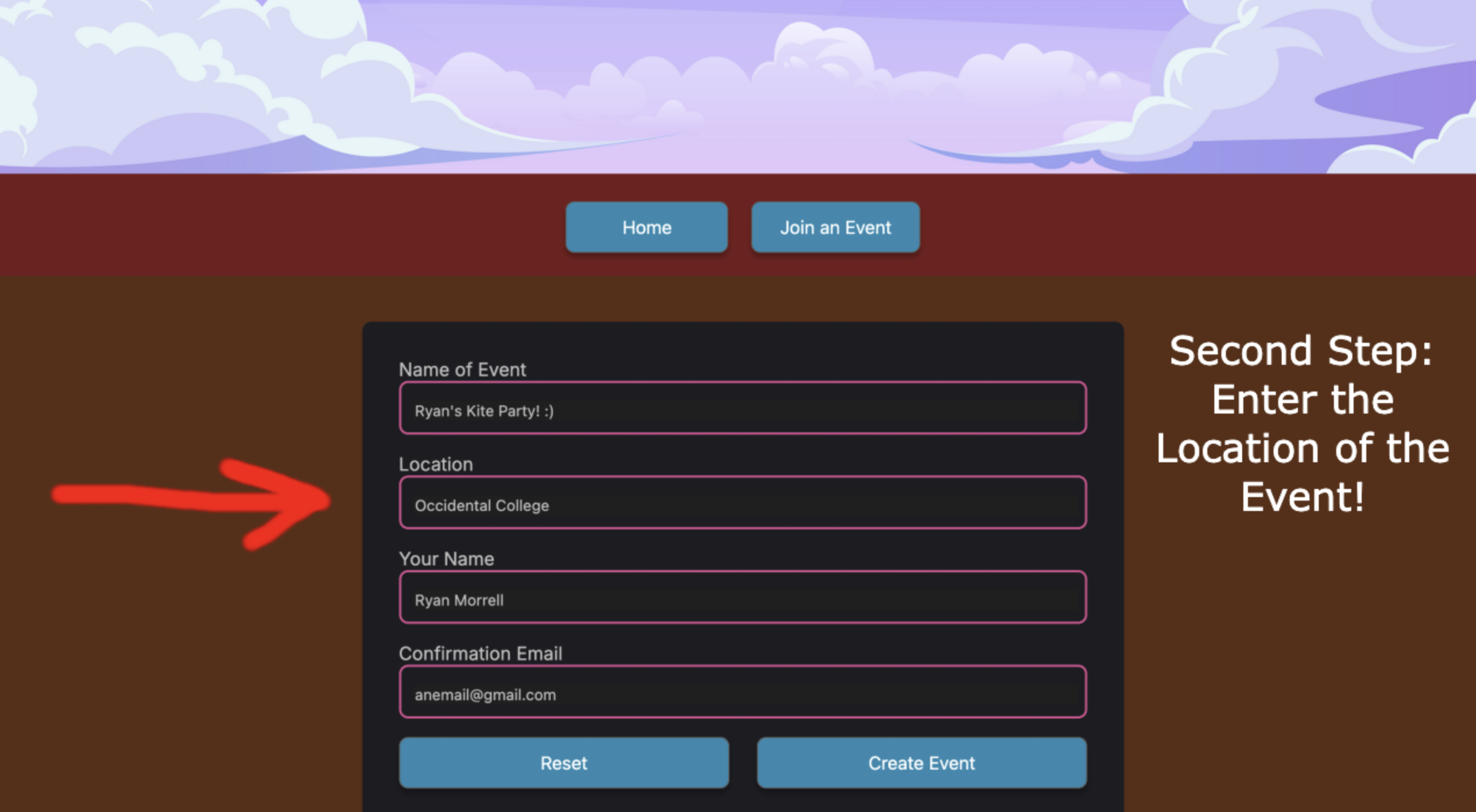 Instructing the user to enter the location of the event